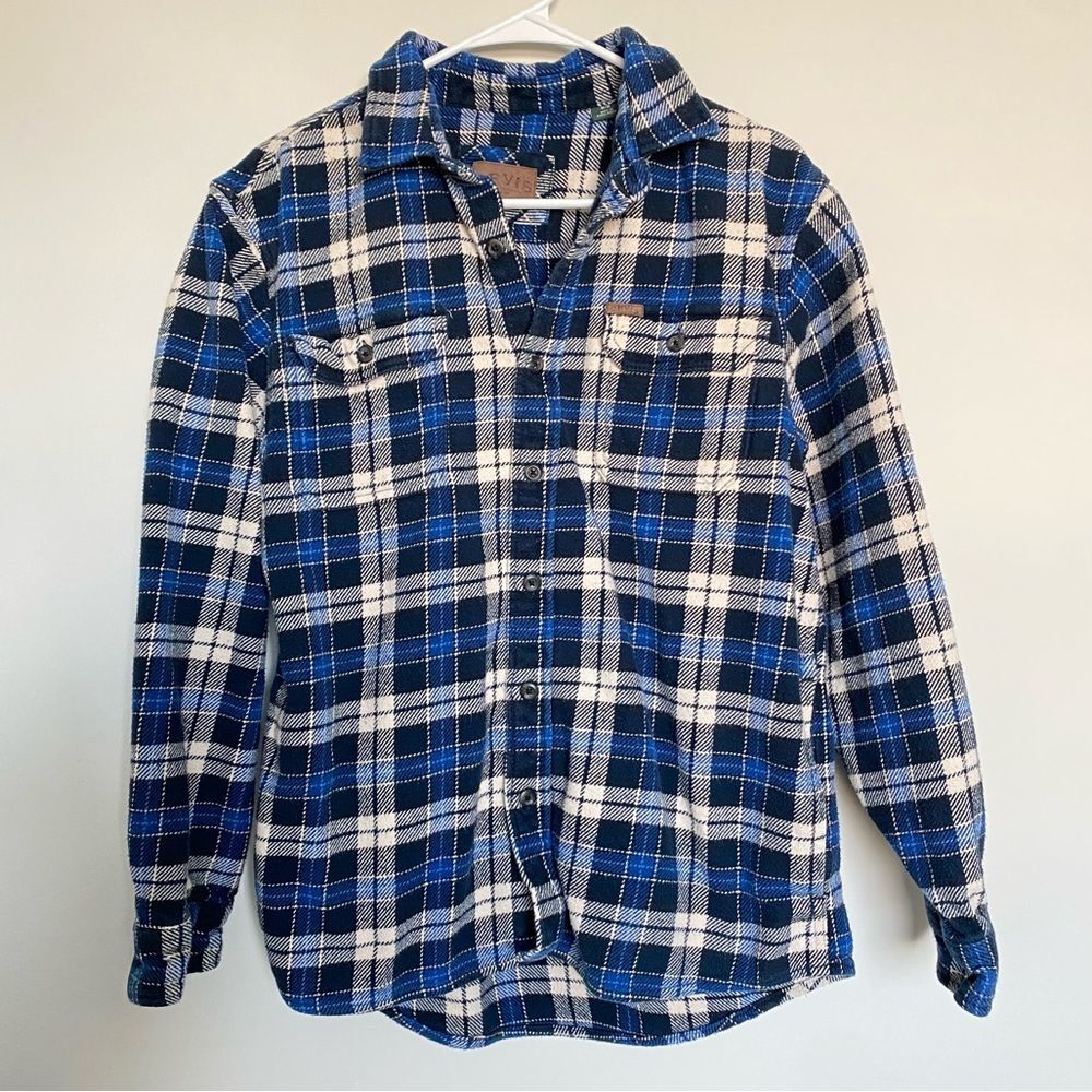 Orvis Men’s Heavy Flannel Plaid Button Down Shacket Blue White Size Medium